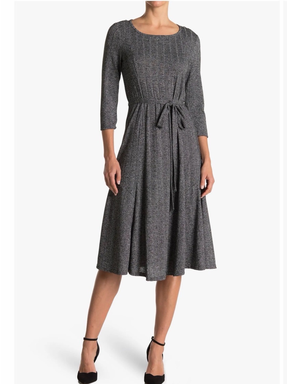 Nina Leonard Metallic Grey Tie-Waist Midi Dress